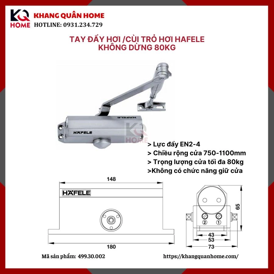 Cùi chỏ Hafele cửa 80 kg, không dừng 499.30.002