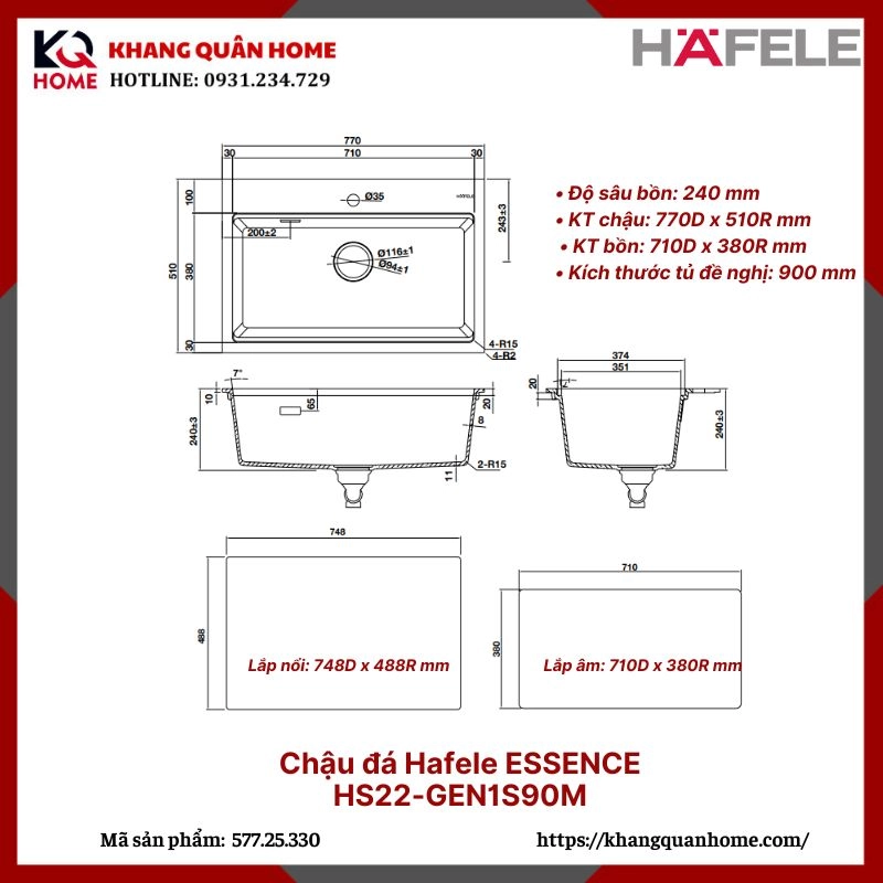 Kich thuoc Chậu đá Hafele ESSENCE HS22-GEN1S90M - Màu đen - 577.25.330