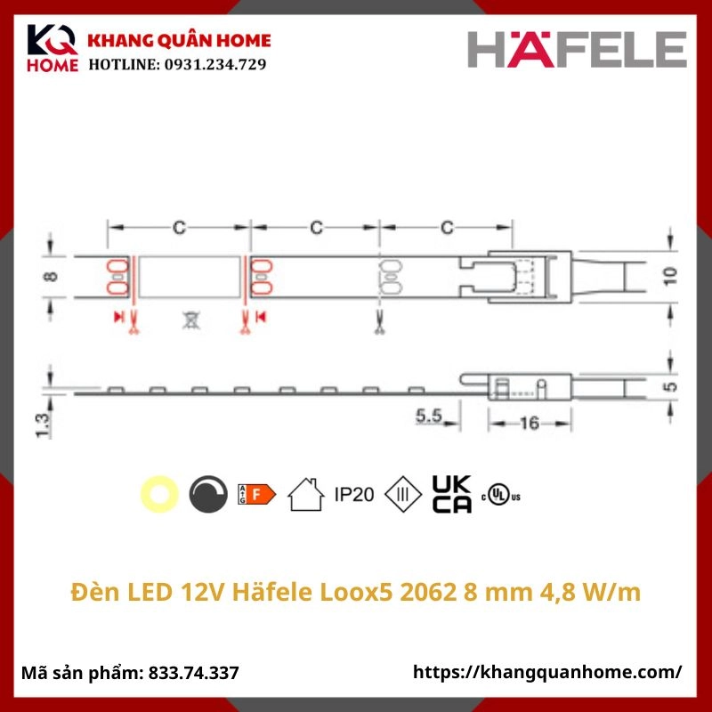 Đèn LED 12V Häfele Loox5 2062 8 mm đơn sắc 3000K 4,8 W/m-833.74.337
