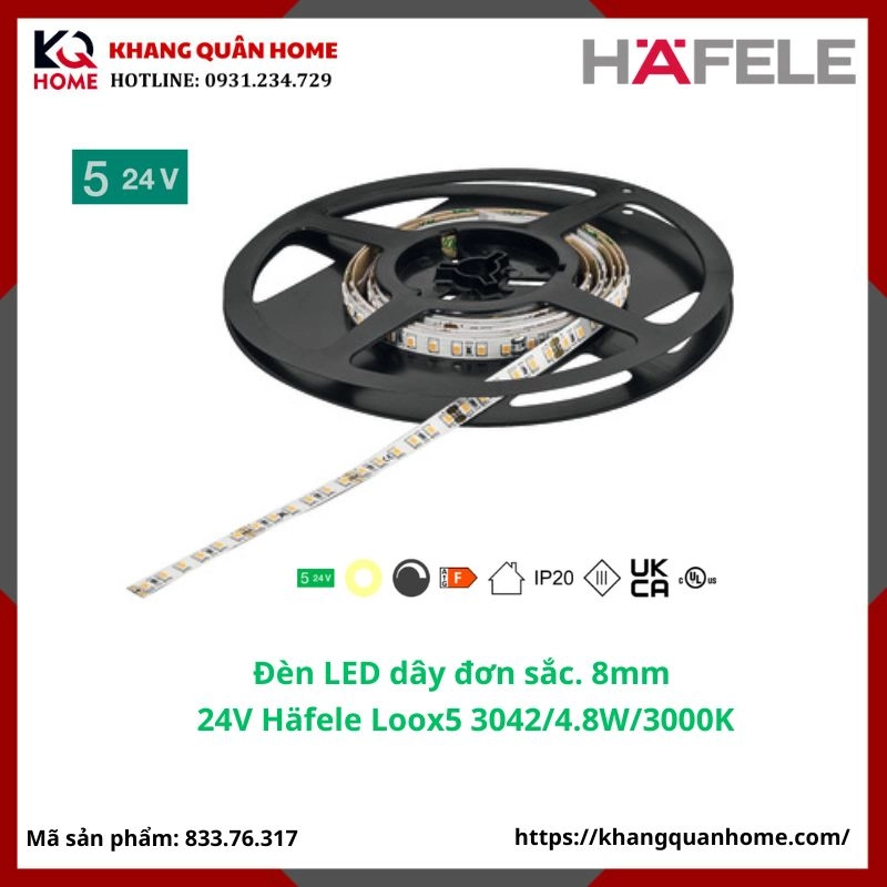 Đèn LED 24V Häfele Loox5 3042 8 mm 3000K 4,8 W/m-833.76.317