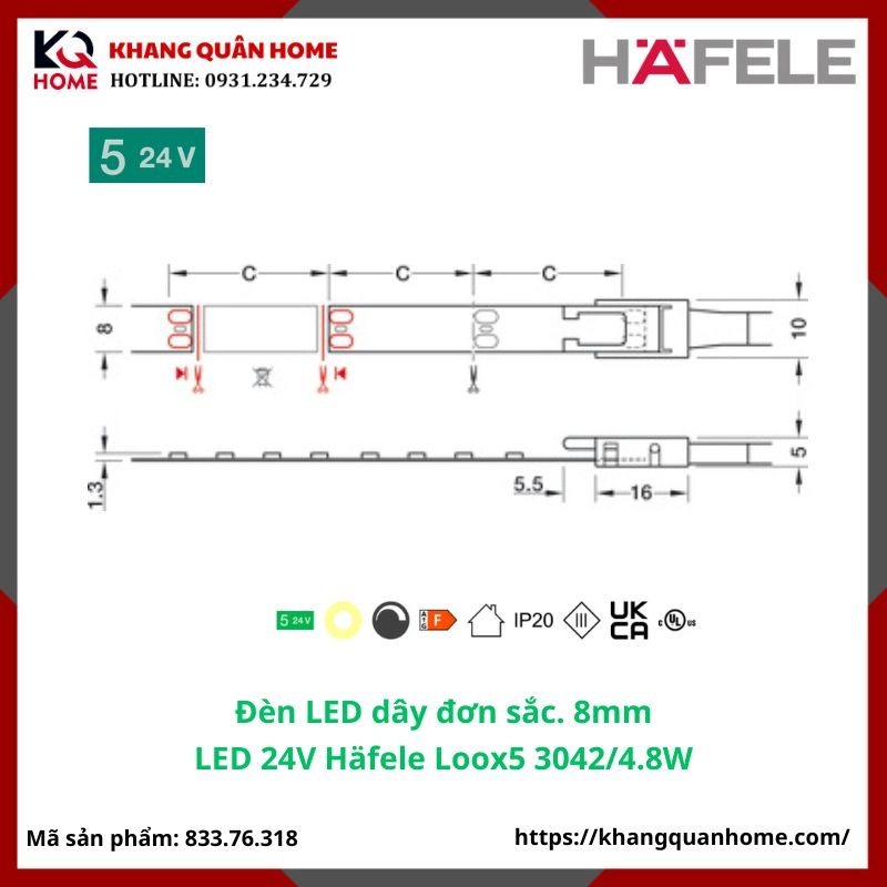  Đèn LED 24V Häfele Loox5 3042 8 mm 4000K 4,8 W/m-833.76.318