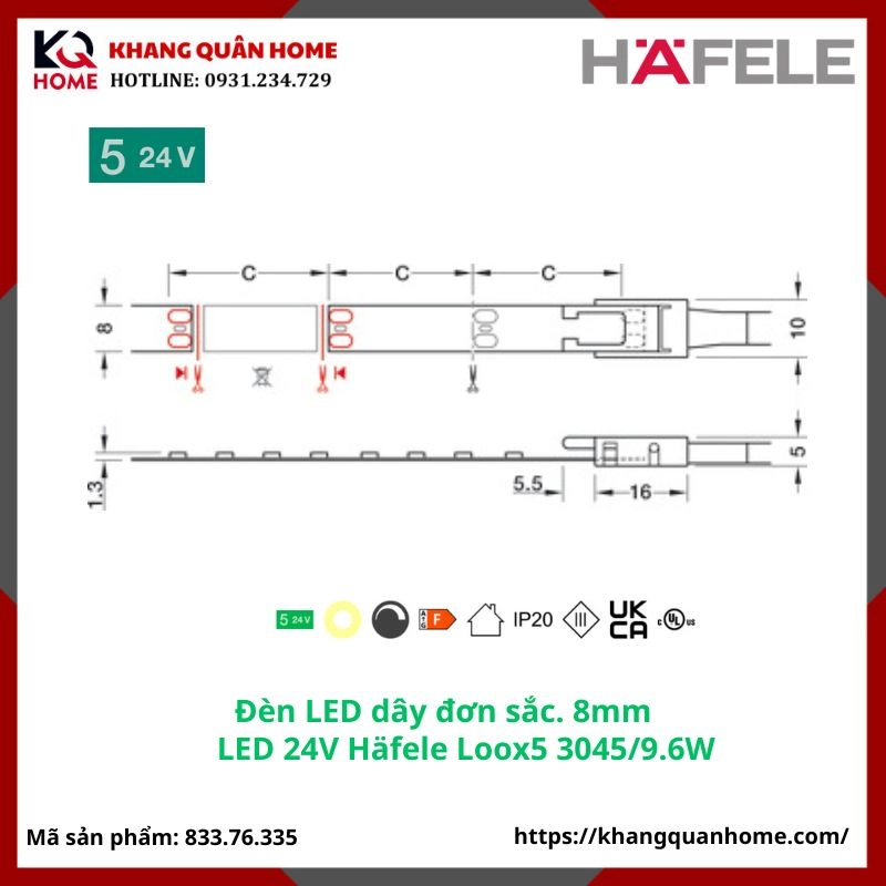 Đèn LED 24V Häfele Loox5 3045 8 mm 3000K 9,6 W/m- 833.76.335