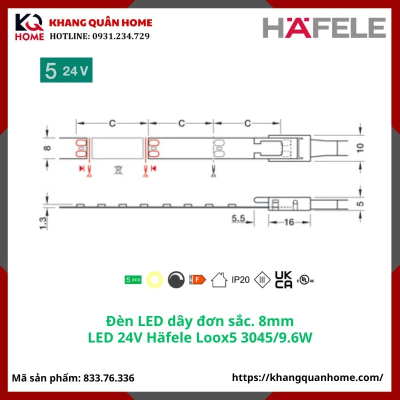 Đèn LED 24V Häfele Loox5 3045 8 mm 4000K 9,6 W/m- 833.76.336