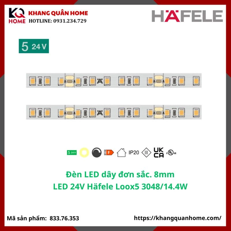 Đèn LED 24V Häfele Loox5 3048 8 mm 3000K 14,4 W/m- 833.76.353, trắng ấm