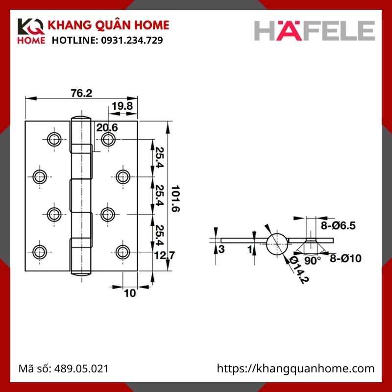 BẢN LỀ LÁ 2 VÒNG BI 70KG HAFELE 489.05.021