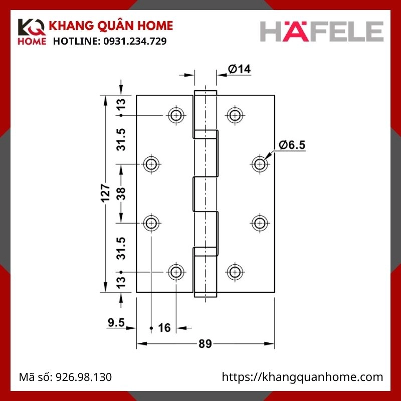 BẢN LỀ LÁ CHỐNG CHÁY 2 VÒNG BI 120KG HAFELE 926.98.130