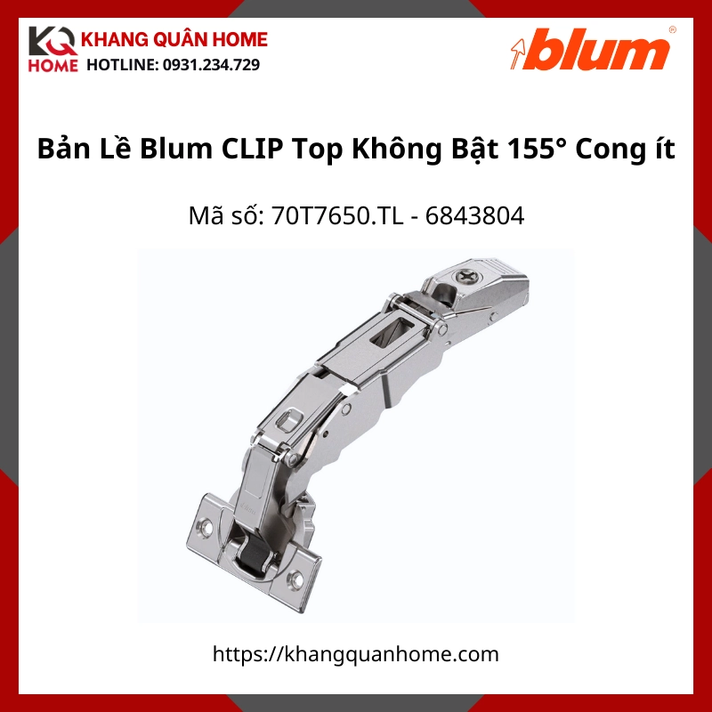 Bản Lề Blum CLIP Top Không Bật Góc Mở 155° 70T7650.TL, 6843804 Trùm Nữa - Cong ít