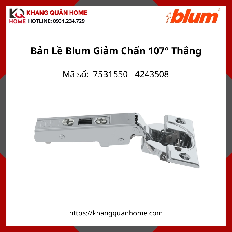 Bản Lề Blum Giảm Chấn Góc Mở 107° 75B1550 4243508 Trùm Hết (Thẳng)