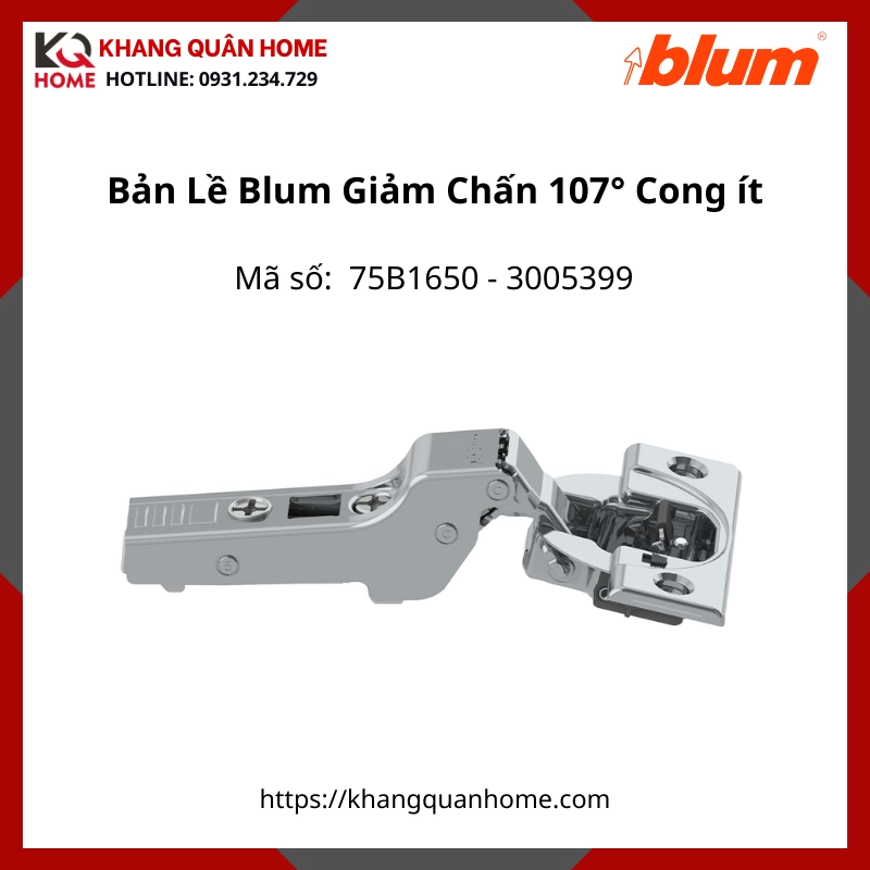 Bản Lề Blum Giảm Chấn Góc Mở 107° 75B1650 3005399 Trùm Nửa (Cong ít)