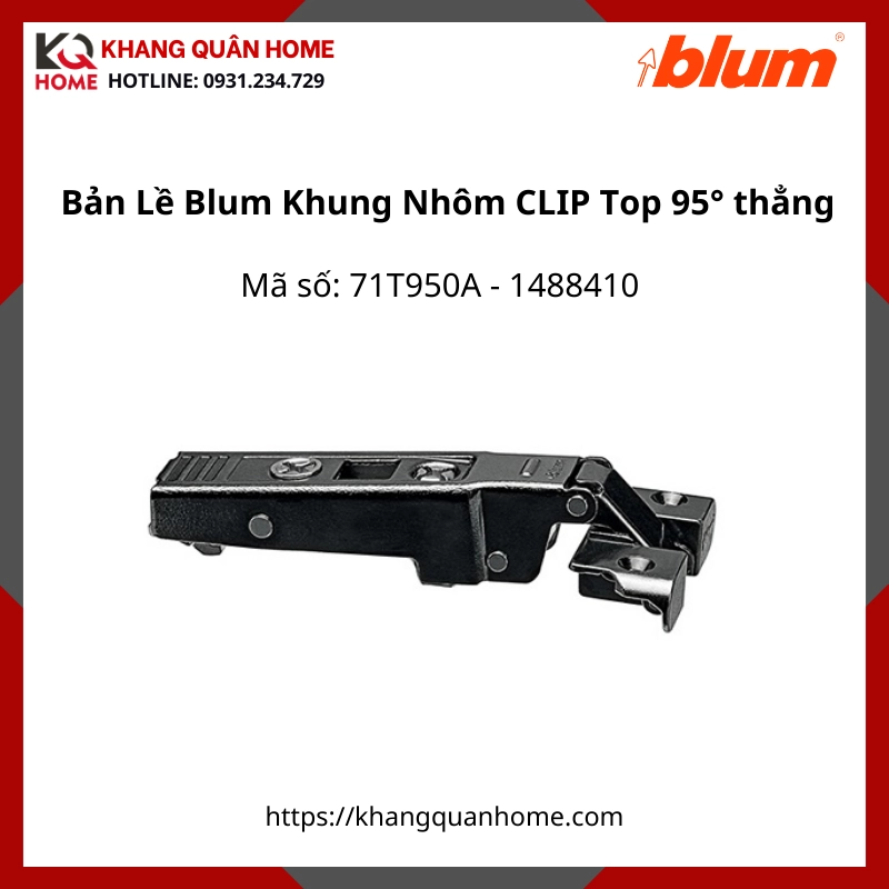 Bản Lề Blum Khung Nhôm CLIP Top Góc Mở 95° 71T950A 1488410 Đen Trùm hết- thẳng