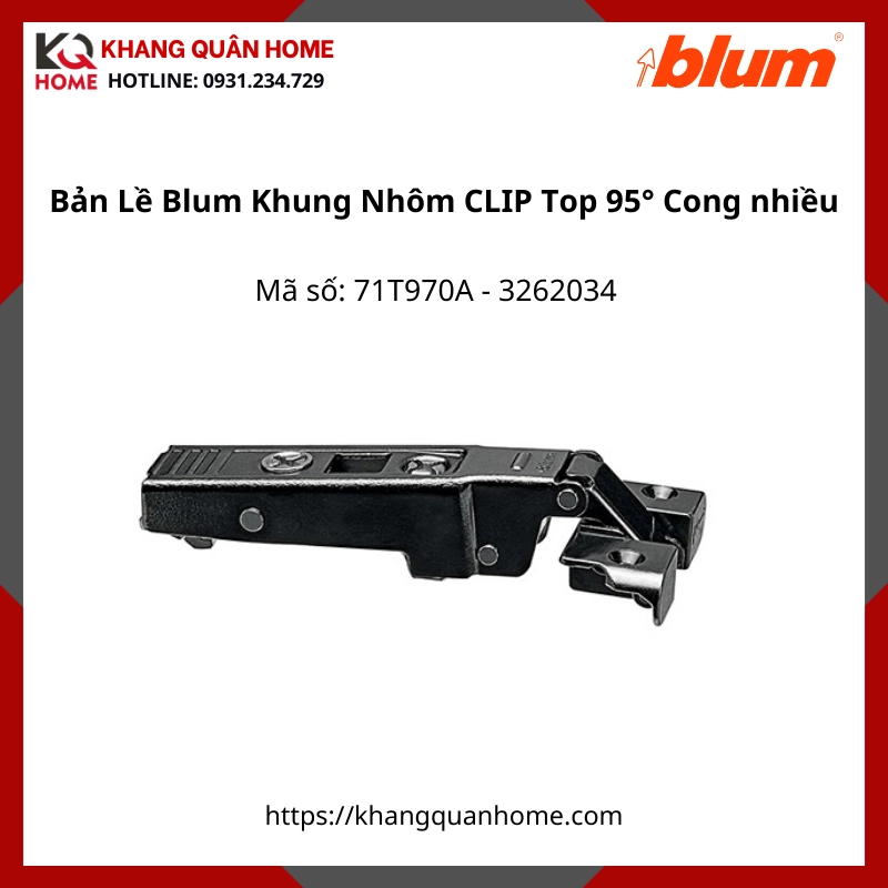Bản Lề Blum Khung Nhôm CLIP Top Góc Mở 95° 71T970A 3262034 Đen -lọt lòng- Cong nhiều