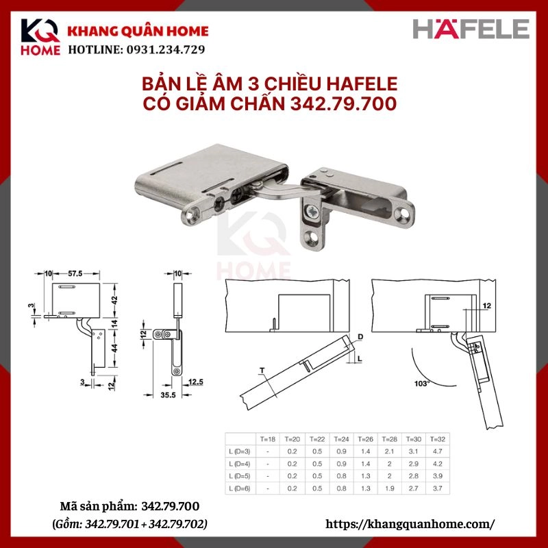 Bản lề âm 3 chiều Hafele 342.79.700 màu inox