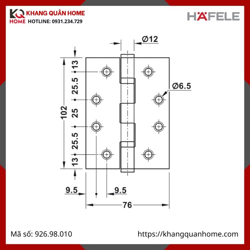  Bản lề lá Hafele DHB 2122 cho cửa phẳng 80kg 926.98.010