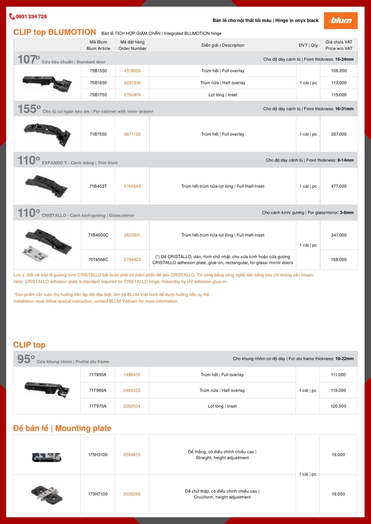 bảng giá bản lề giảm chấn Blum 2024 2025
