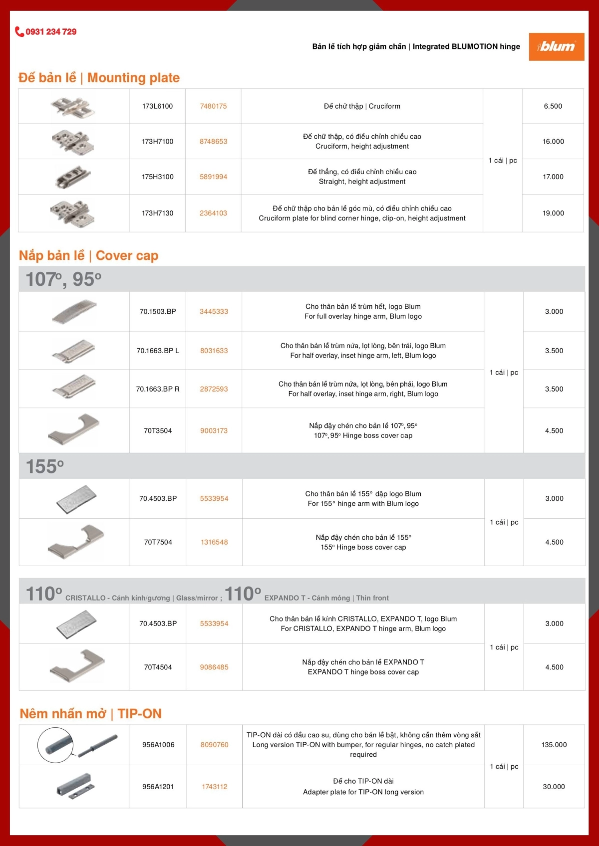 bảng giá bản lề giảm chấn Blum 2024 2025