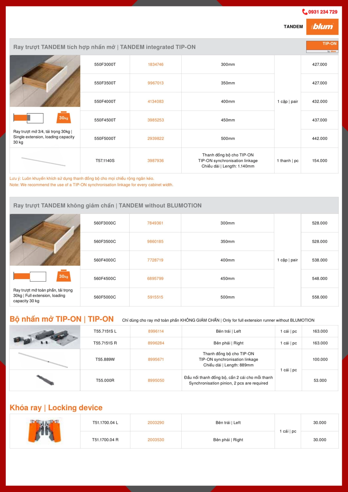 BẢNG GIÁ RAY ÂM HỘC TỦ BLUM 2024 – 2025