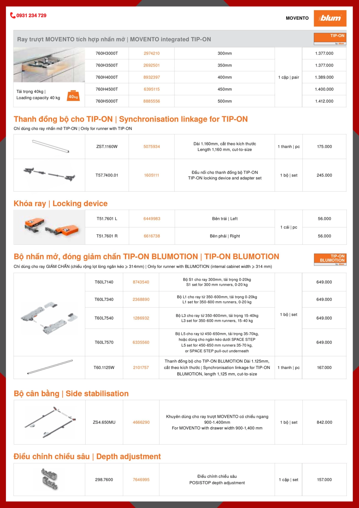 BẢNG GIÁ RAY ÂM HỘC TỦ BLUM 2024 – 2025