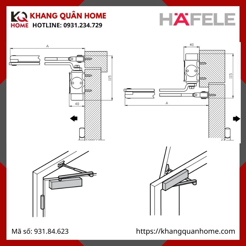 CÙI CHỎ HƠI TAY ĐẨY HƠI, THIẾT BỊ ĐÓNG CỬA TỰ ĐỘNG 80KG HAFELE 931.84.623 (9)