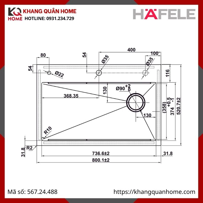 Chậu Rửa Inox Hafele Màu Titan WF R10 HS25-SSN1S-8052 567.24.488