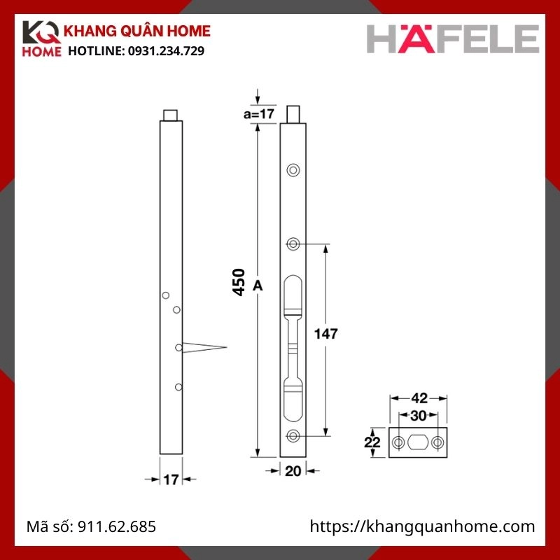 Chốt Âm 450mm Hafele  màu vàng đồng 911.62.685