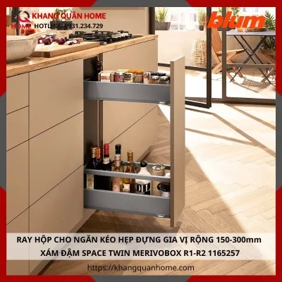 RAY HỘP CHO NGĂN KÉO HẸP ĐỰNG GIA VỊ RỘNG 150-300mm XÁM ĐẬM SPACE TWIN MERIVOBOX R1-R2 1165257