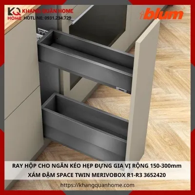 RAY HỘP CHO NGĂN KÉO HẸP ĐỰNG GIA VỊ RỘNG 150-300mm XÁM ĐẬM SPACE TWIN MERIVOBOX R1-R3 3652420