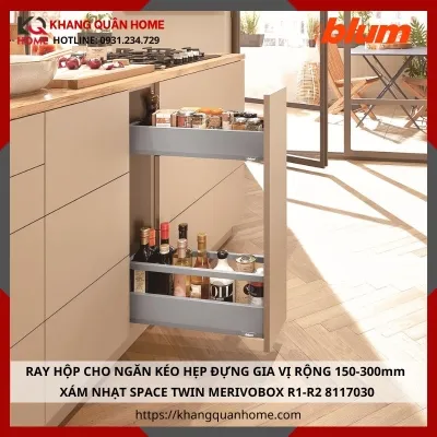 RAY HỘP CHO NGĂN KÉO HẸP ĐỰNG GIA VỊ RỘNG 150-300mm XÁM NHẠT SPACE TWIN MERIVOBOX R1-R2 8117030