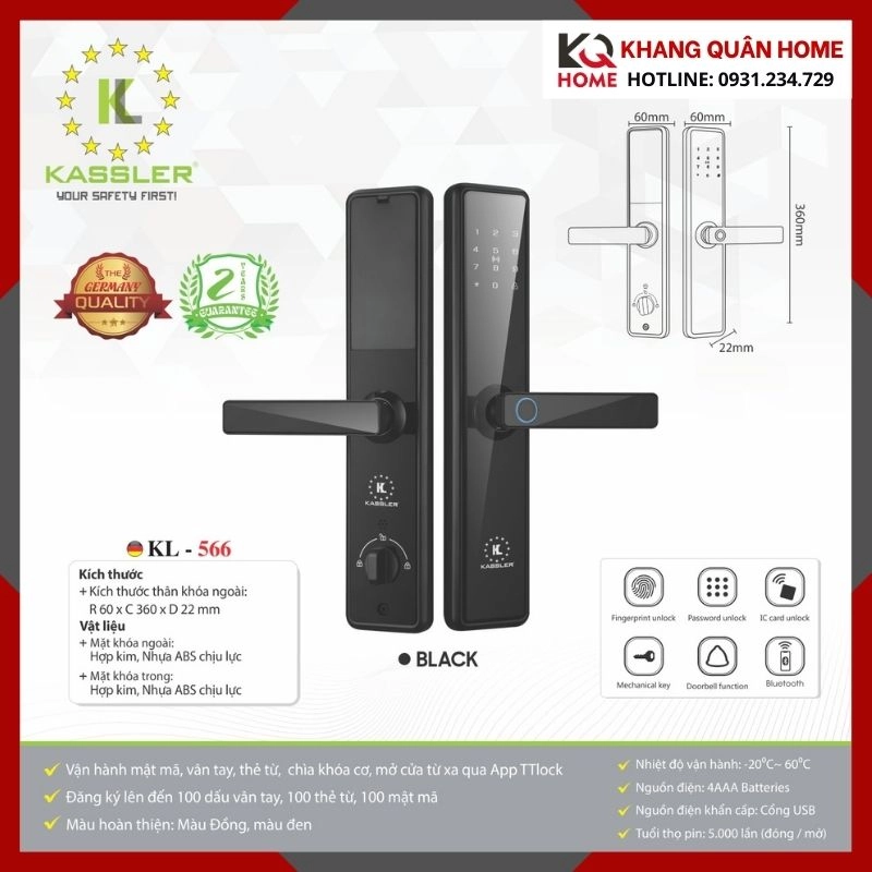 Khóa Điện Tử Hiện Đại Kassler KL-566 Màu Đen