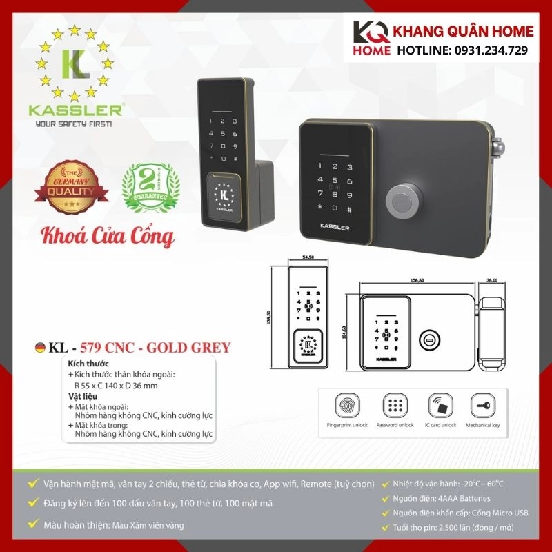 Khóa Điện Tử Cửa Cổng Kassler KL-579 CNC - GOLD GREY