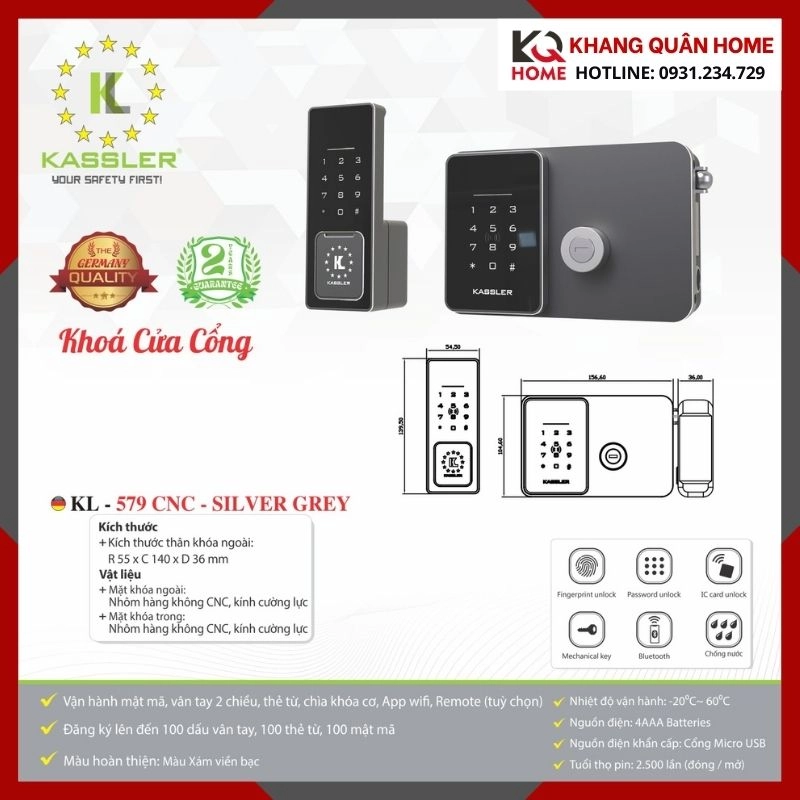 Khóa Điện Tử Cửa Cổng Kassler KL-579 CNC- SILVER GREY