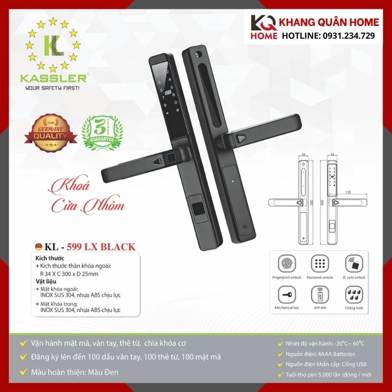 Khóa Điện Tử Cửa Nhôm Kassler KL-599 LX BLACK