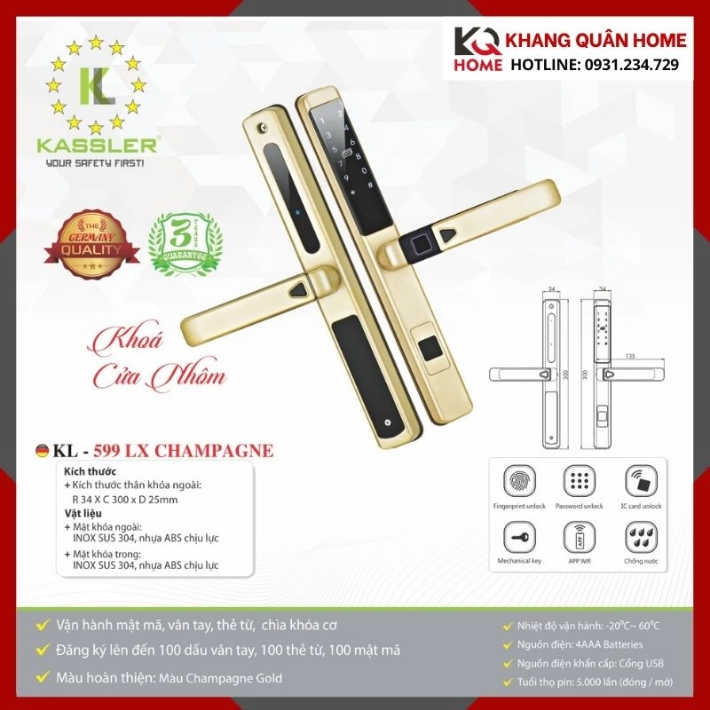 Khóa Điện Tử Cửa Nhôm Kassler KL-599 LX CHAMPAGNE
