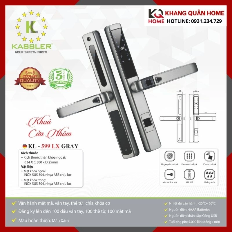 Khóa Điện Tử Cửa Nhôm Kassler KL-599 LX GRAY