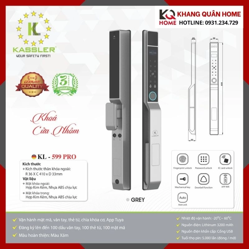 Khóa Điện Tử Cửa Nhôm Kassler KL-599 PRO