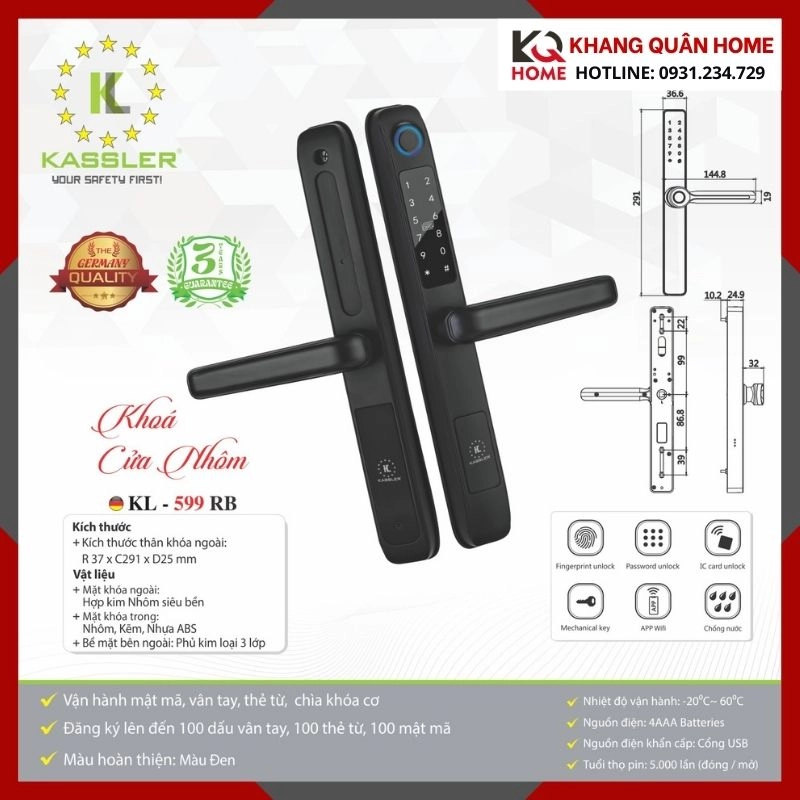 Khóa Điện Tử Cửa Nhôm Kassler KL-599 RB