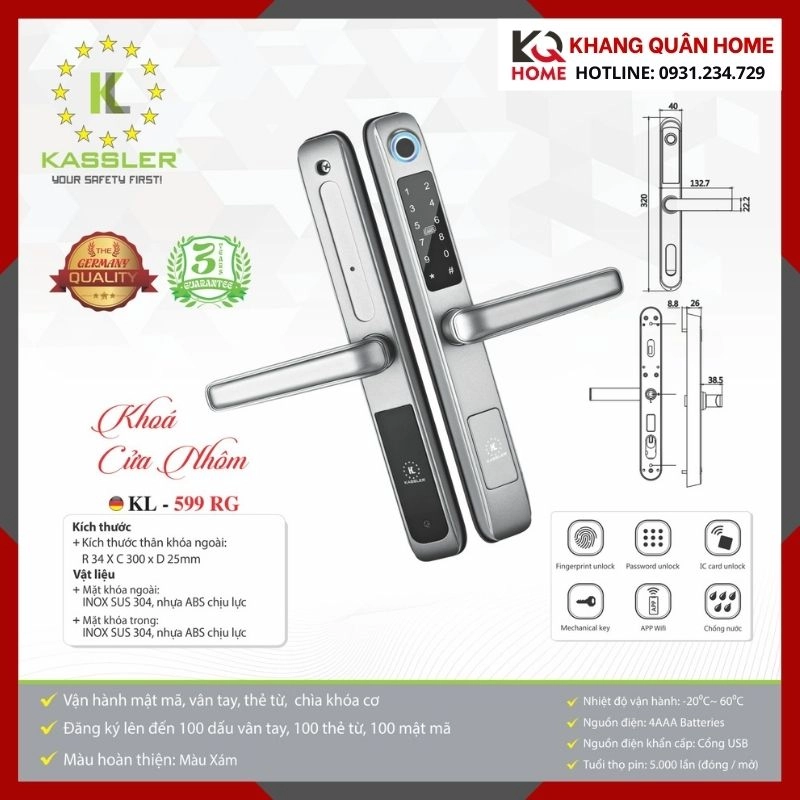 Khóa Điện Tử Cửa Nhôm Kassler KL-599 RG