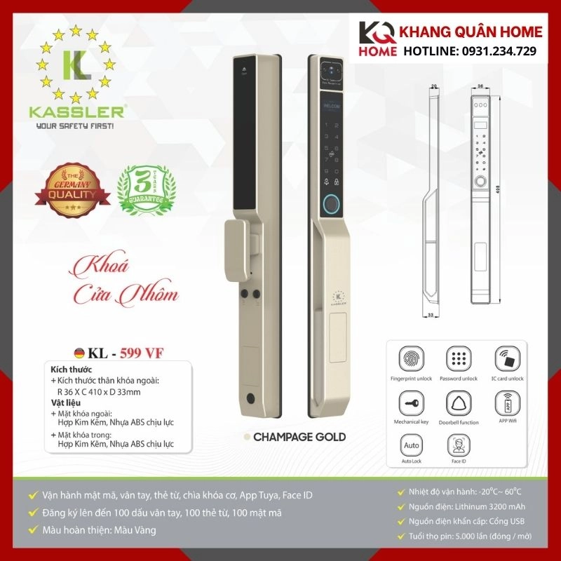 Khóa Điện Tử Cửa Nhôm Kassler KL-599 VF