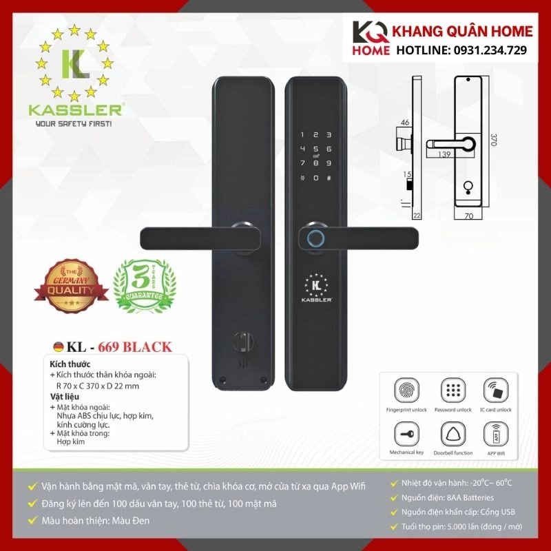Khóa Điện Tử Hiện Đại Kassler KL-669 BLACK
