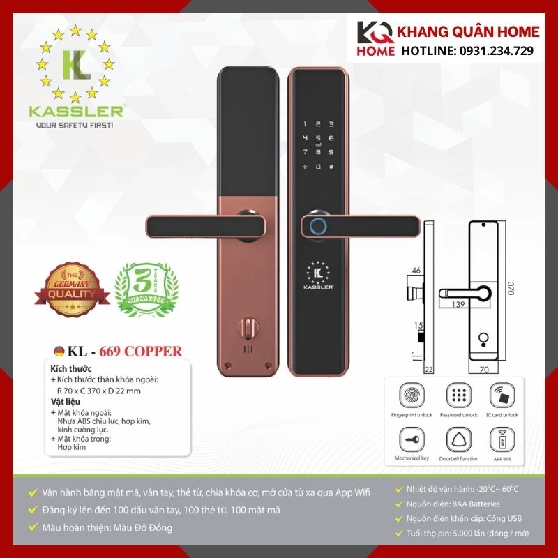 Khóa Điện Tử Hiện Đại Kassler KL-669 COPPER