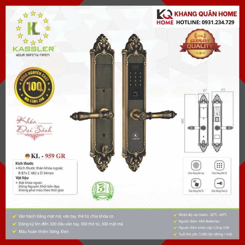 Khóa Điện Tử Cổ Điển Kassler KL-959 GR