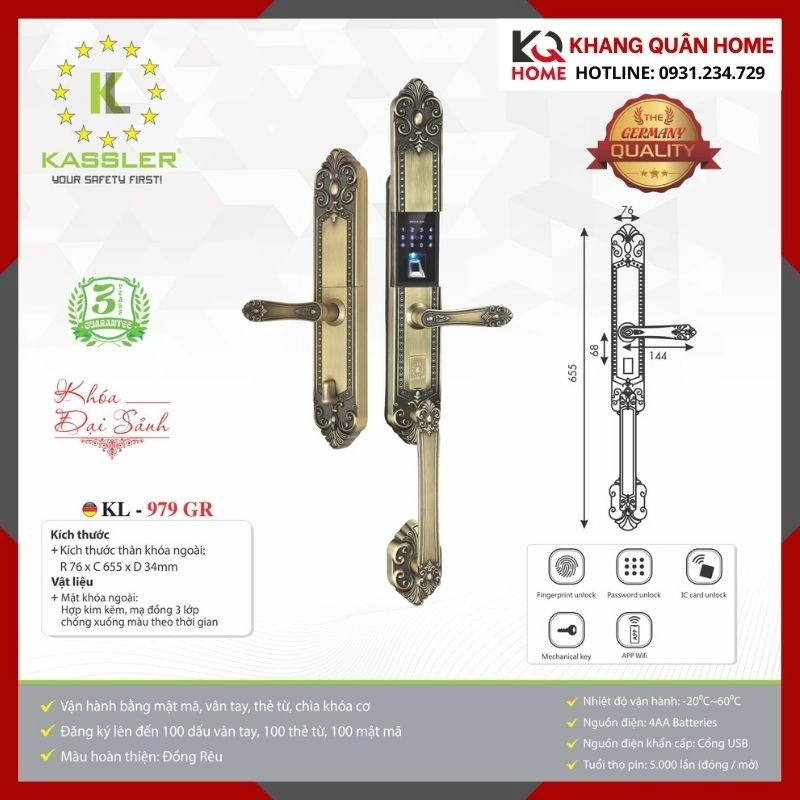 Khóa Điện Tử Cổ Điển Kassler KL-979 GR