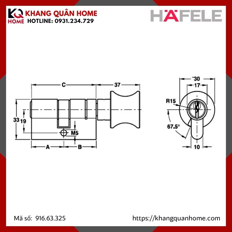 Ruột Khóa Màu Đen Hafele 1 Đầu Vặn 1 Đầu Chìa 71mm 916.63.325
