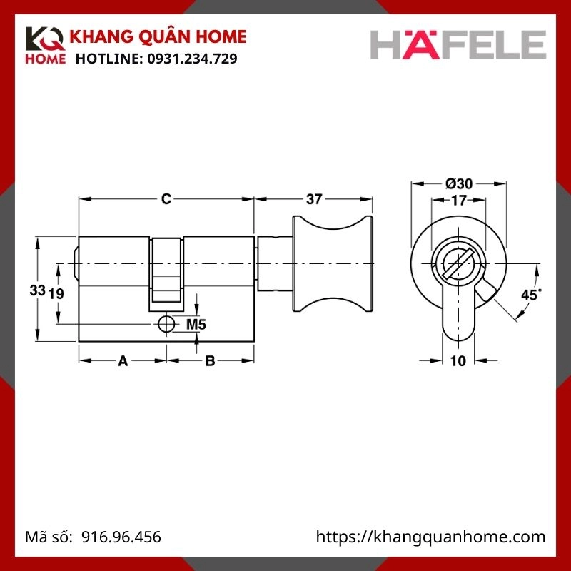 RUỘT KHÓA CỬA NHÀ WC 65MM HAFELE 916.96.456