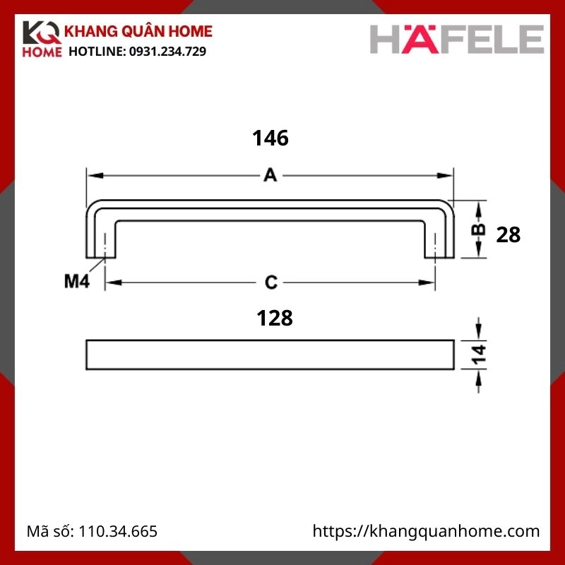 Tay nắm tủ Hafele dài 146mm niken mờ 110.34.665