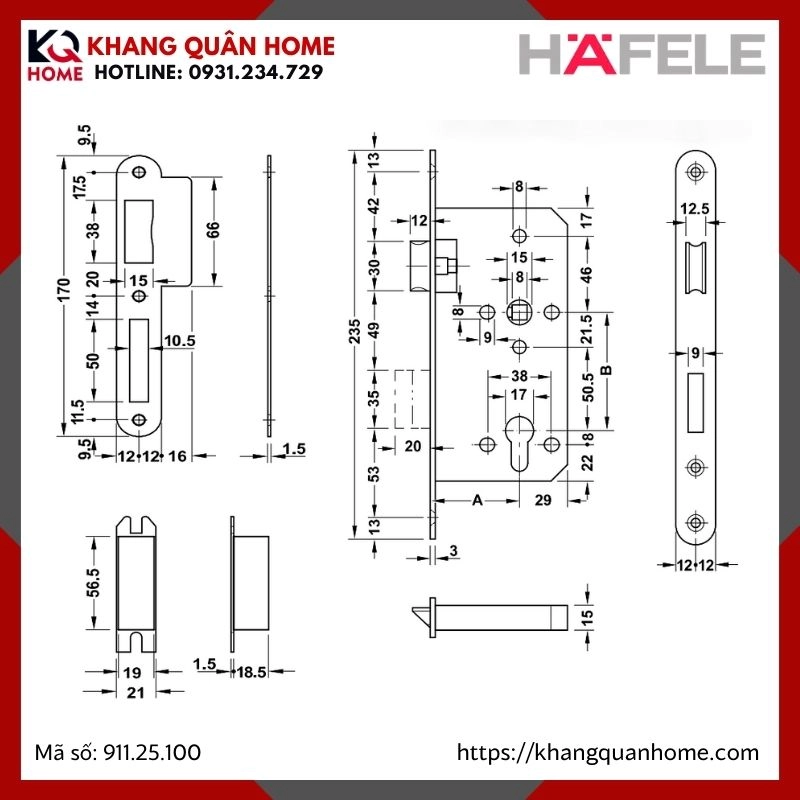 Thân Khóa Lưỡi Gà Chốt Chết Màu Đen C/C 72mm Hafele 911.25.100
