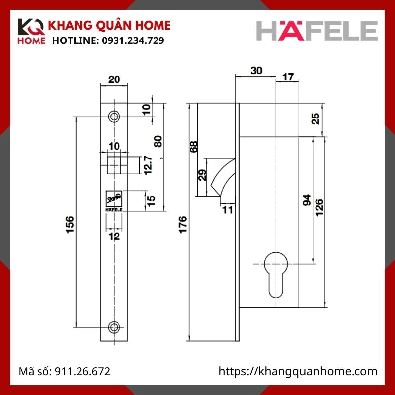THÂN KHÓA CỬA TRƯỢT ĐỐ NHỎ HAFELE 911.26.672