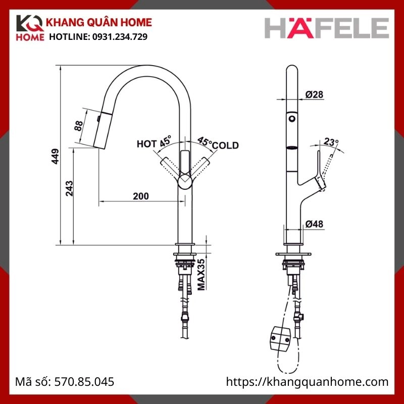 Vòi Rửa Hafele Chrome Mờ HT25-SH1F220 570.85.045