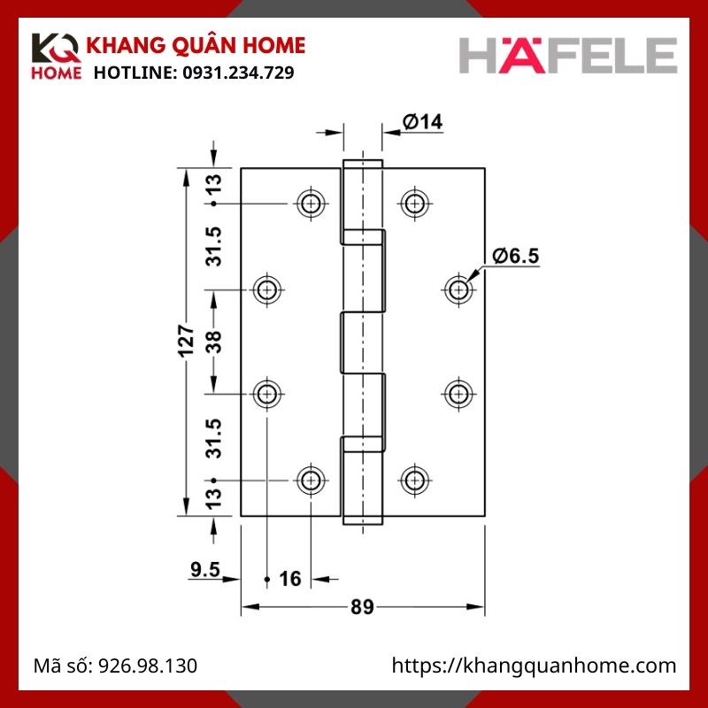 BẢN LỀ LÁ CHỐNG CHÁY 2 VÒNG BI 120KG HAFELE 926.98.130