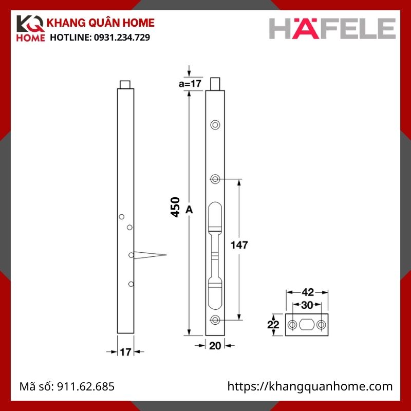 Chốt Âm 450mm Hafele  màu vàng đồng 911.62.685