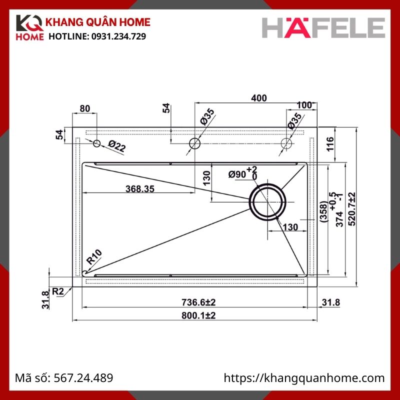 Chậu Rửa Inox Hafele Màu Đen 567.24.489 WF R10 HS25-SSN1S-8052